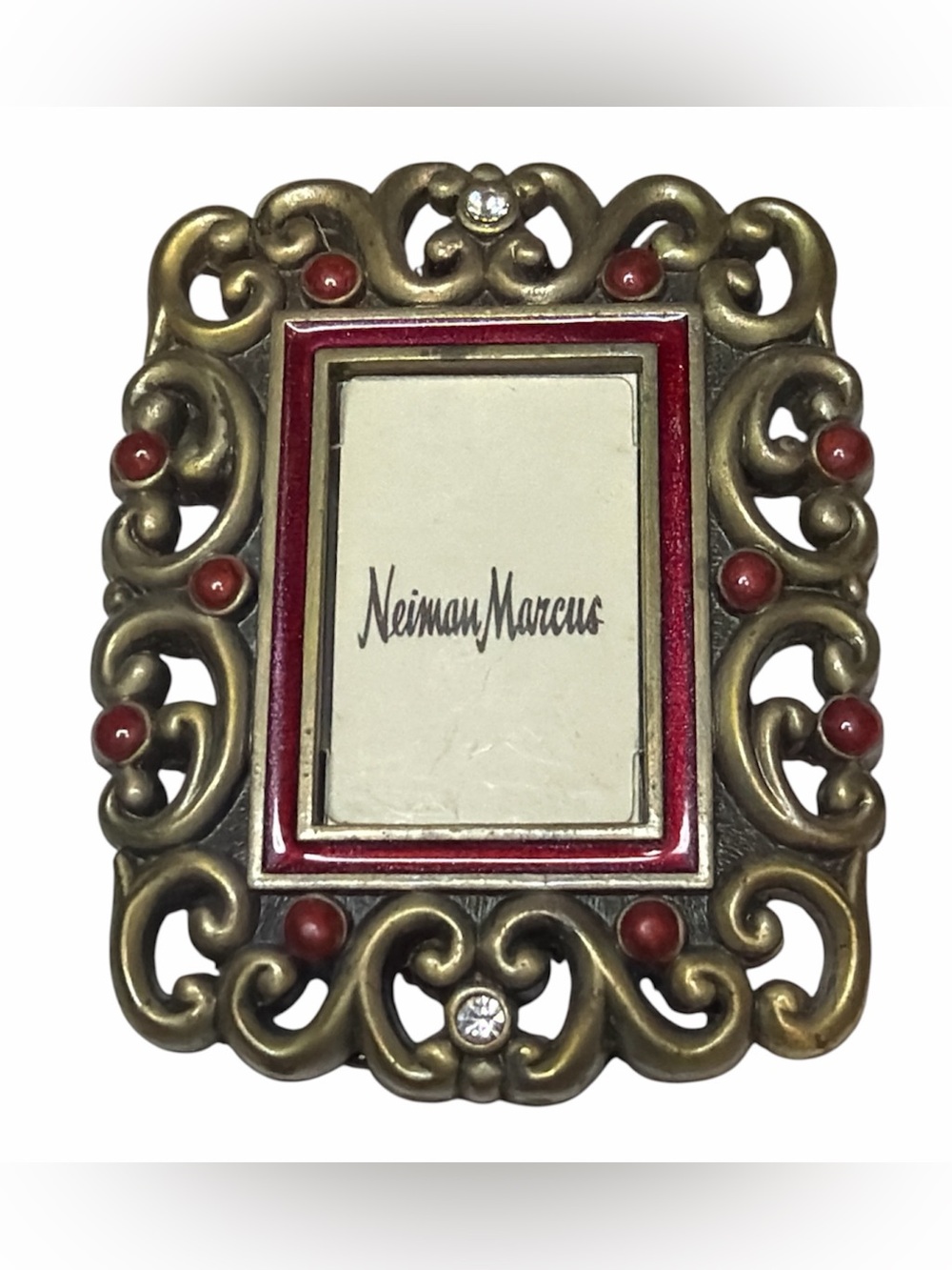 Jay Strongwater Neiman Marcus Brass Mini Frame Swarovski Crystals Red Enamel